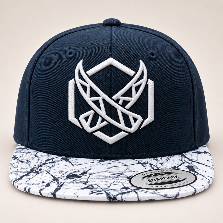 🦏🪨 Tusk Marble – Glacial Tusk · White 3D puff · Navy Crown &amp; Marble Brim Snapback | Hand Finished in Dubai | EmbroMania