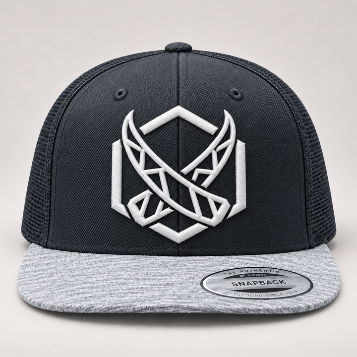 🦏🌫️ Tusk Shadow – Glacial Tusk · White 3D puff · Charcoal &amp; Heather Grey Snapback | Hand Finished in Dubai | EmbroMania