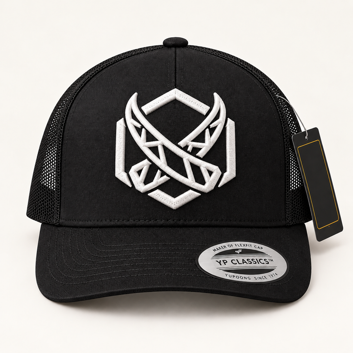 🦏⚡ Tusk Strike – Glacial Tusk · White 3D puff · Black Curved Trucker | Hand Finished in Dubai | EmbroMania