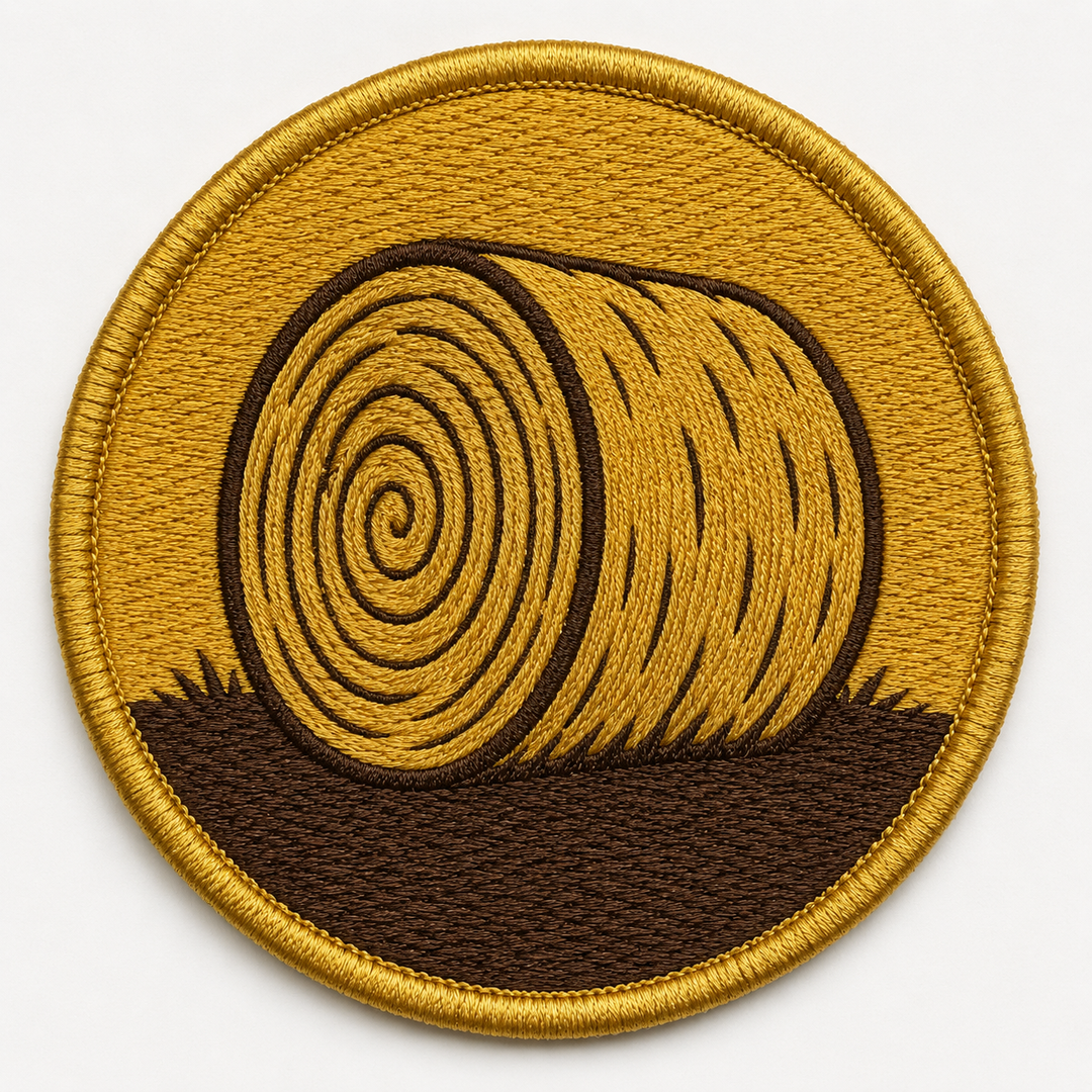 Golden Hay Bale embroidery patch featuring a rolled hay bale silhouette in gold and brown | Hand Finished in Dubai | EmbroMania