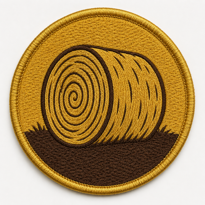 Golden Hay Bale embroidery patch featuring a rolled hay bale silhouette in gold and brown | Hand Finished in Dubai | EmbroMania