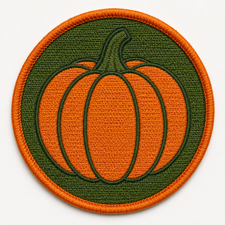 Golden Pumpkin Patch embroidery patch featuring a pumpkin silhouette with a curled stem in warm orange and green | Hand Finished in Dubai | EmbroMania