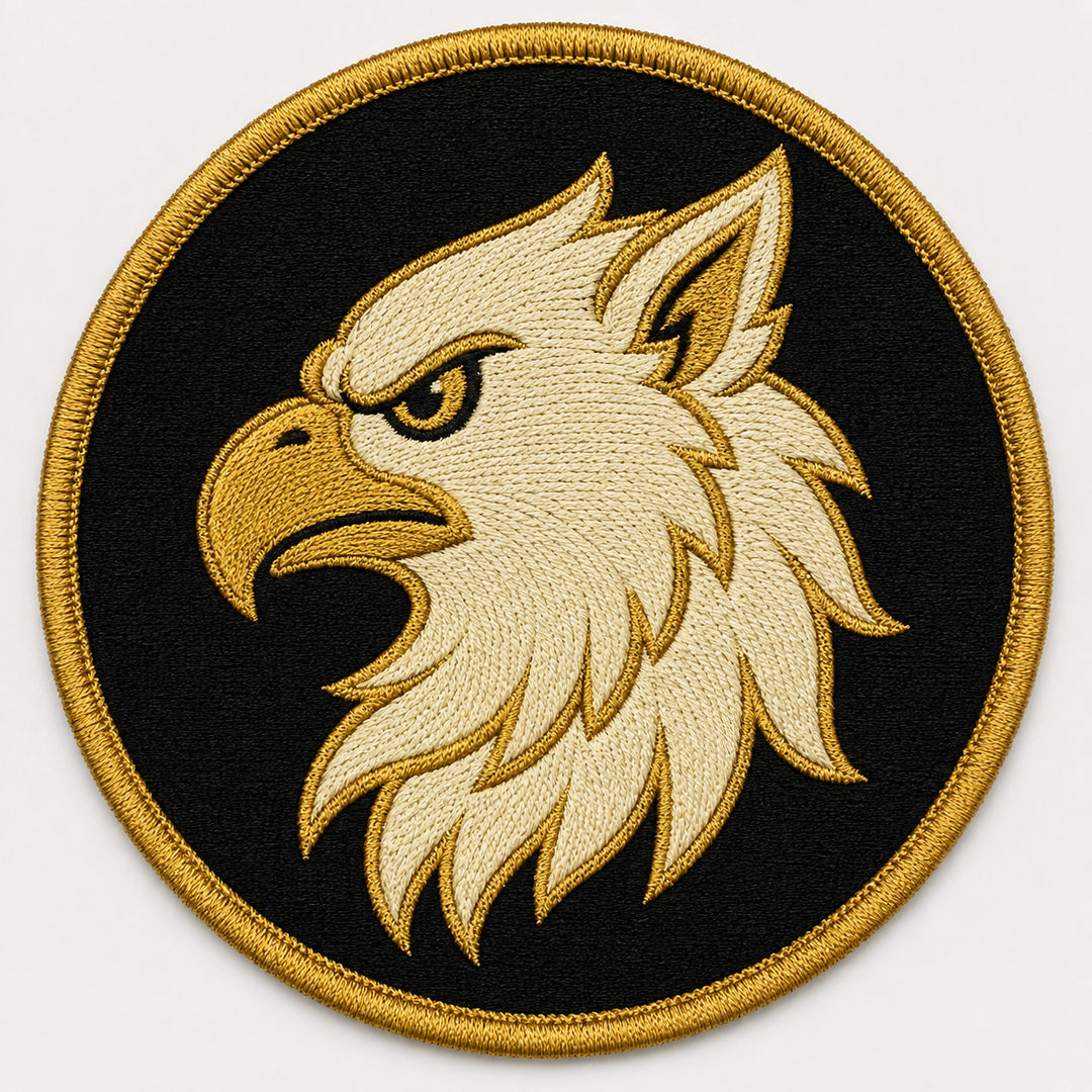 Guardian Griffin embroidery patch featuring a griffin head profile in flat cream and gold | Hand Finished in Dubai | EmbroMania
