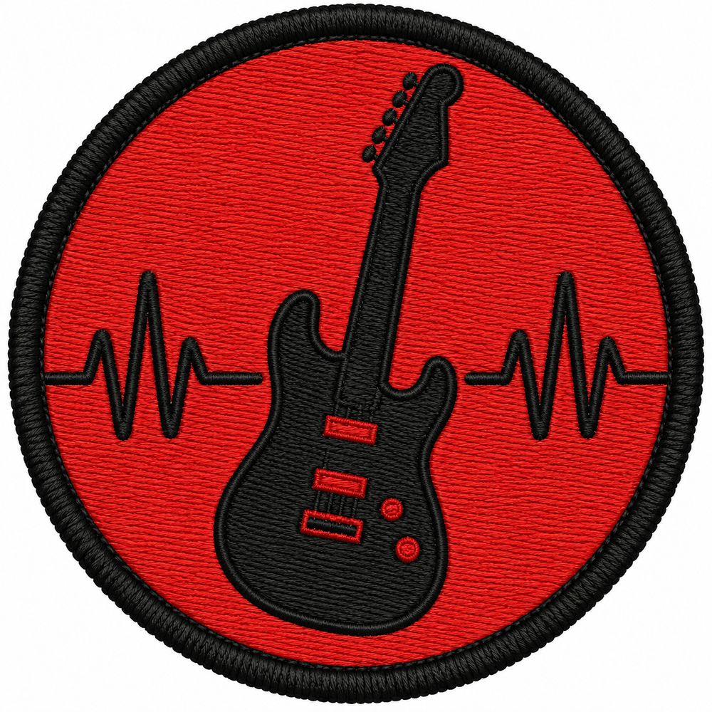 Guitar Riff embroidery patch featuring an electric guitar silhouette with a sound wave in flat black and red | Hand Finished in Dubai | EmbroMania