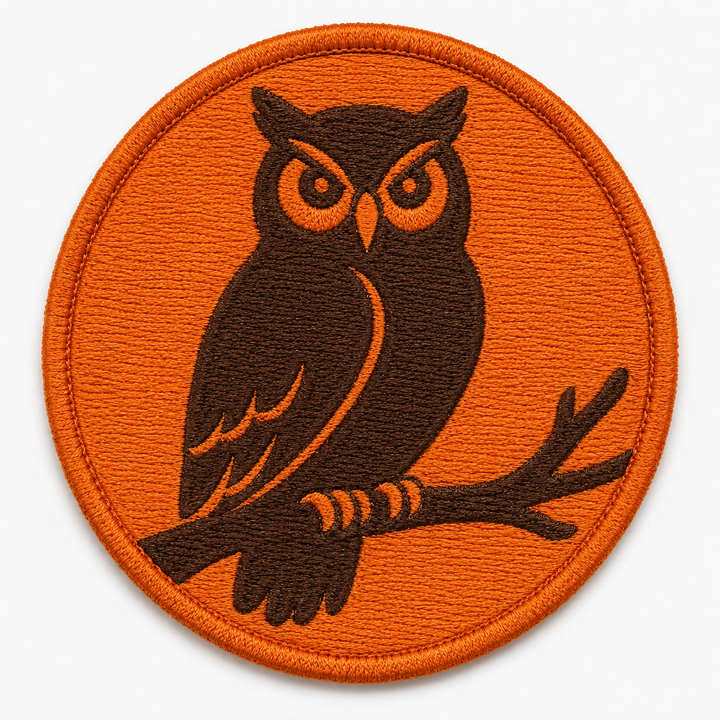 Harvest Moon Owl embroidery patch featuring an owl perched on a branch in brown and orange | Hand Finished in Dubai | EmbroMania