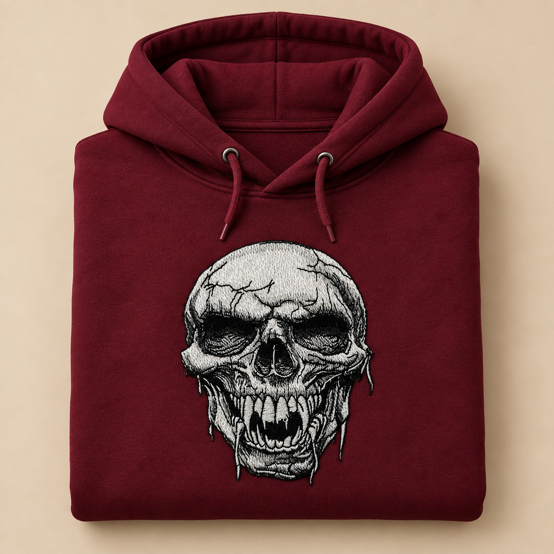 Hollow Fang Skull Machine Embroidered Hoodie in Large Black – Monochrome fanged skull design embroidered on black 320gsm premium fleece | Hand Finished in Dubai