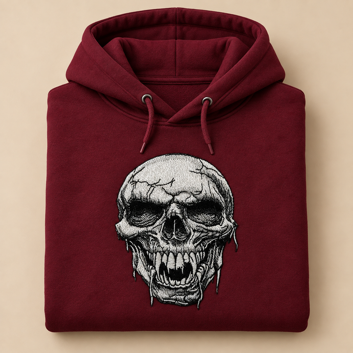 Hollow Fang Skull Machine Embroidered Hoodie in Large Black – Monochrome fanged skull design embroidered on black 320gsm premium fleece | Hand Finished in Dubai