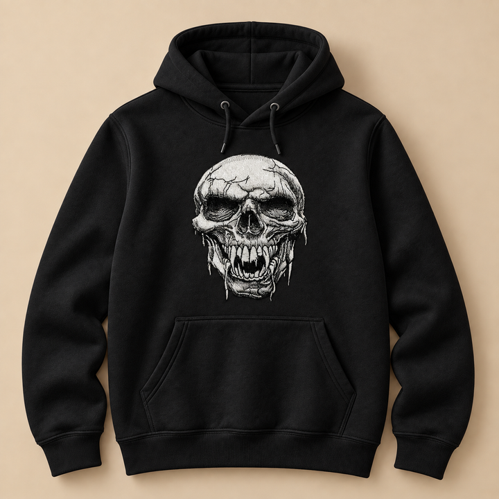 Hollow Fang Skull Machine Embroidered Hoodie in Large Burgundy – Monochrome fanged skull design embroidered on burgundy 320gsm premium fleece | Hand Finished in Dubai