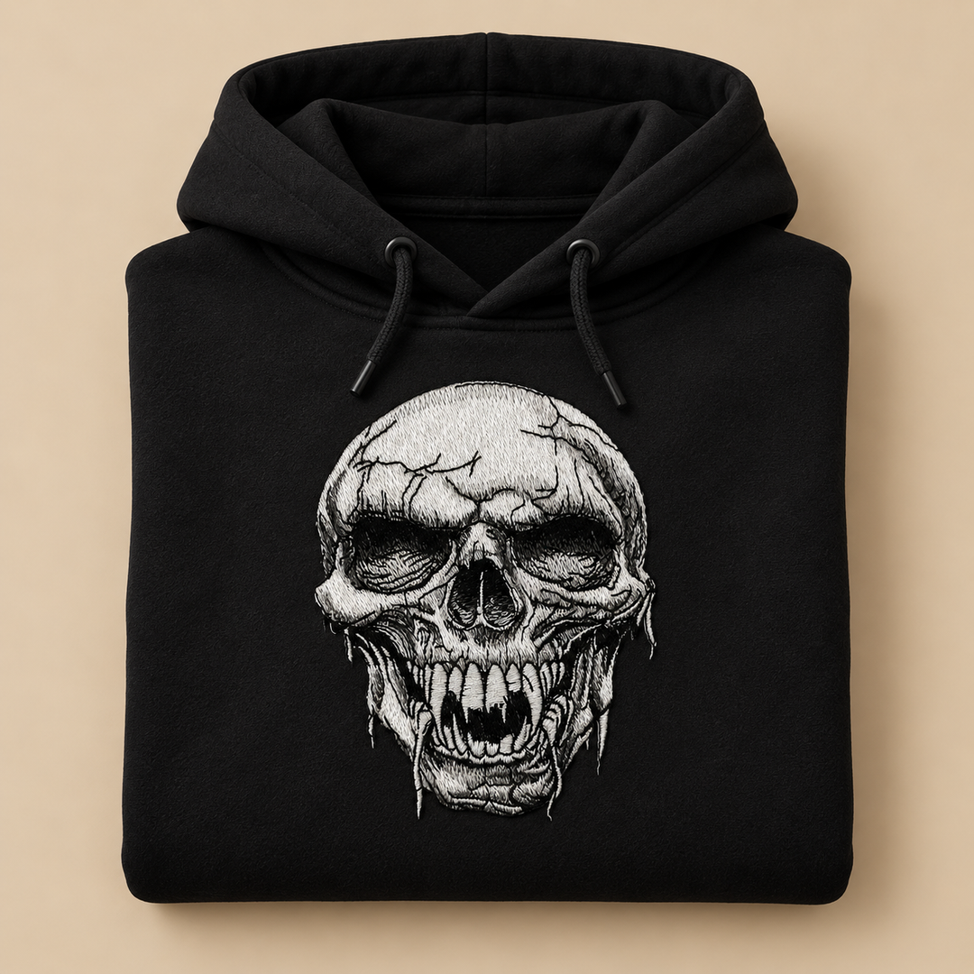 Hollow Fang Skull Machine Embroidered Hoodie in Large White – Monochrome fanged skull design embroidered on white 320gsm premium fleece | Hand Finished in Dubai