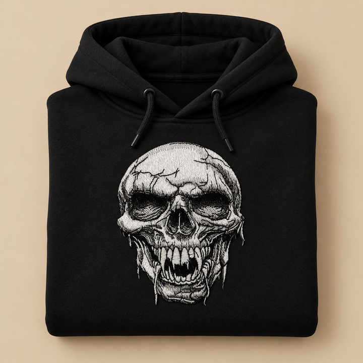 Hollow Fang Skull Machine Embroidered Hoodie in Large White – Monochrome fanged skull design embroidered on white 320gsm premium fleece | Hand Finished in Dubai