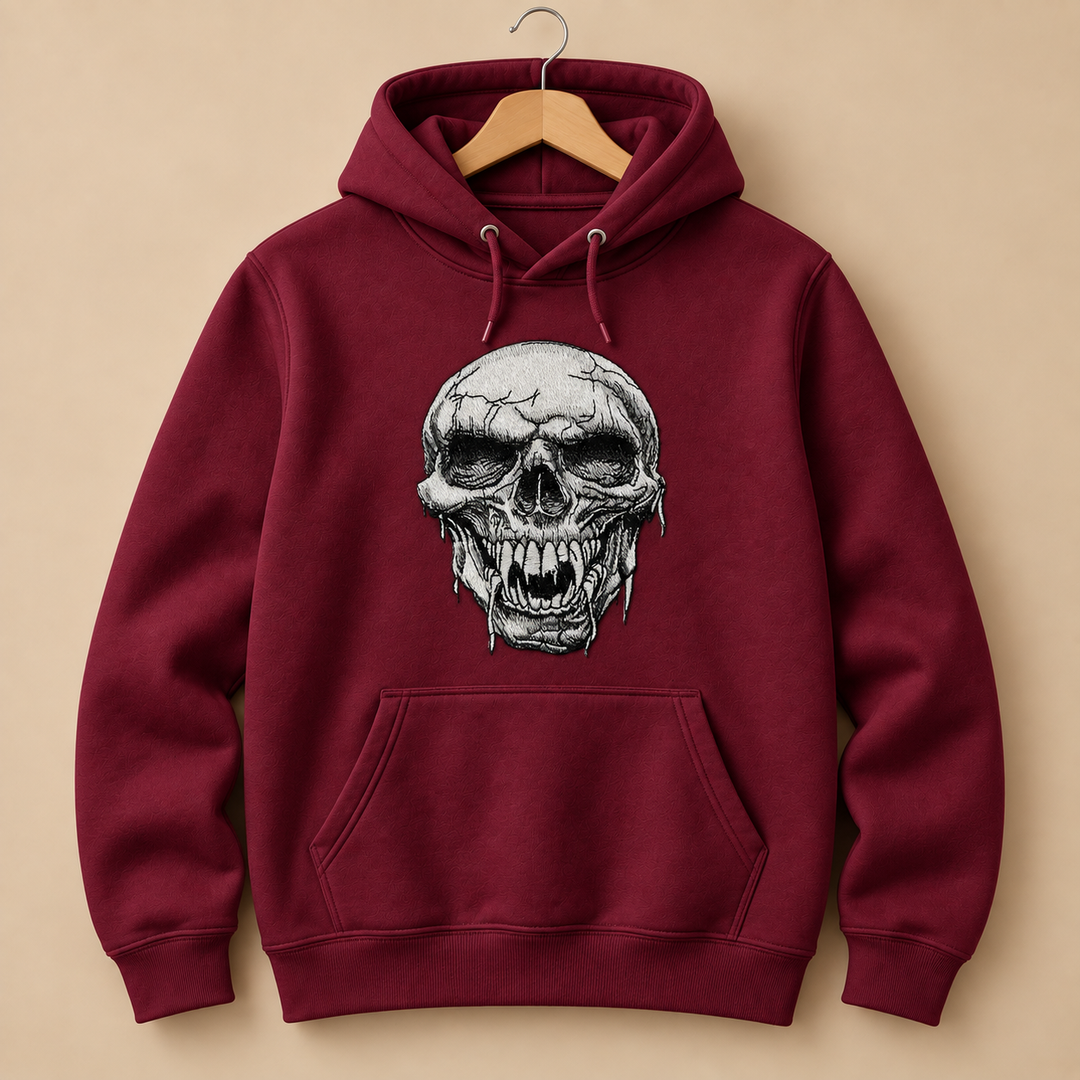 Hollow Fang Skull Machine Embroidered Hoodie in Medium Burgundy – Monochrome fanged skull design embroidered on burgundy 320gsm premium fleece | Hand Finished in Dubai