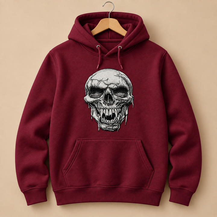 Hollow Fang Skull Machine Embroidered Hoodie in Medium Burgundy – Monochrome fanged skull design embroidered on burgundy 320gsm premium fleece | Hand Finished in Dubai