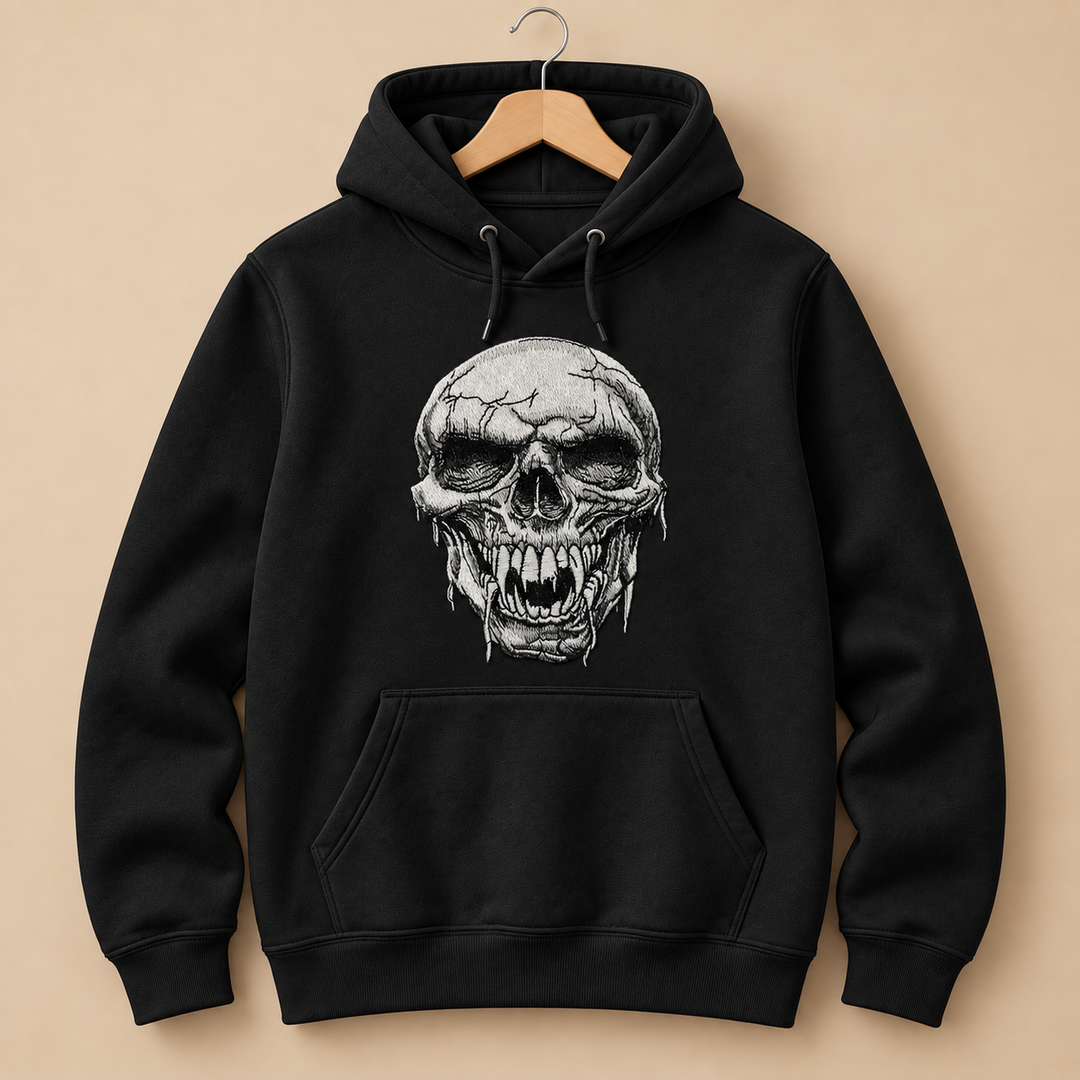 Hollow Fang Skull Machine Embroidered Hoodie in Medium White – Monochrome fanged skull design embroidered on white 320gsm premium fleece | Hand Finished in Dubai