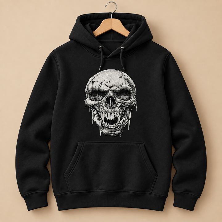 Hollow Fang Skull Machine Embroidered Hoodie in Medium White – Monochrome fanged skull design embroidered on white 320gsm premium fleece | Hand Finished in Dubai