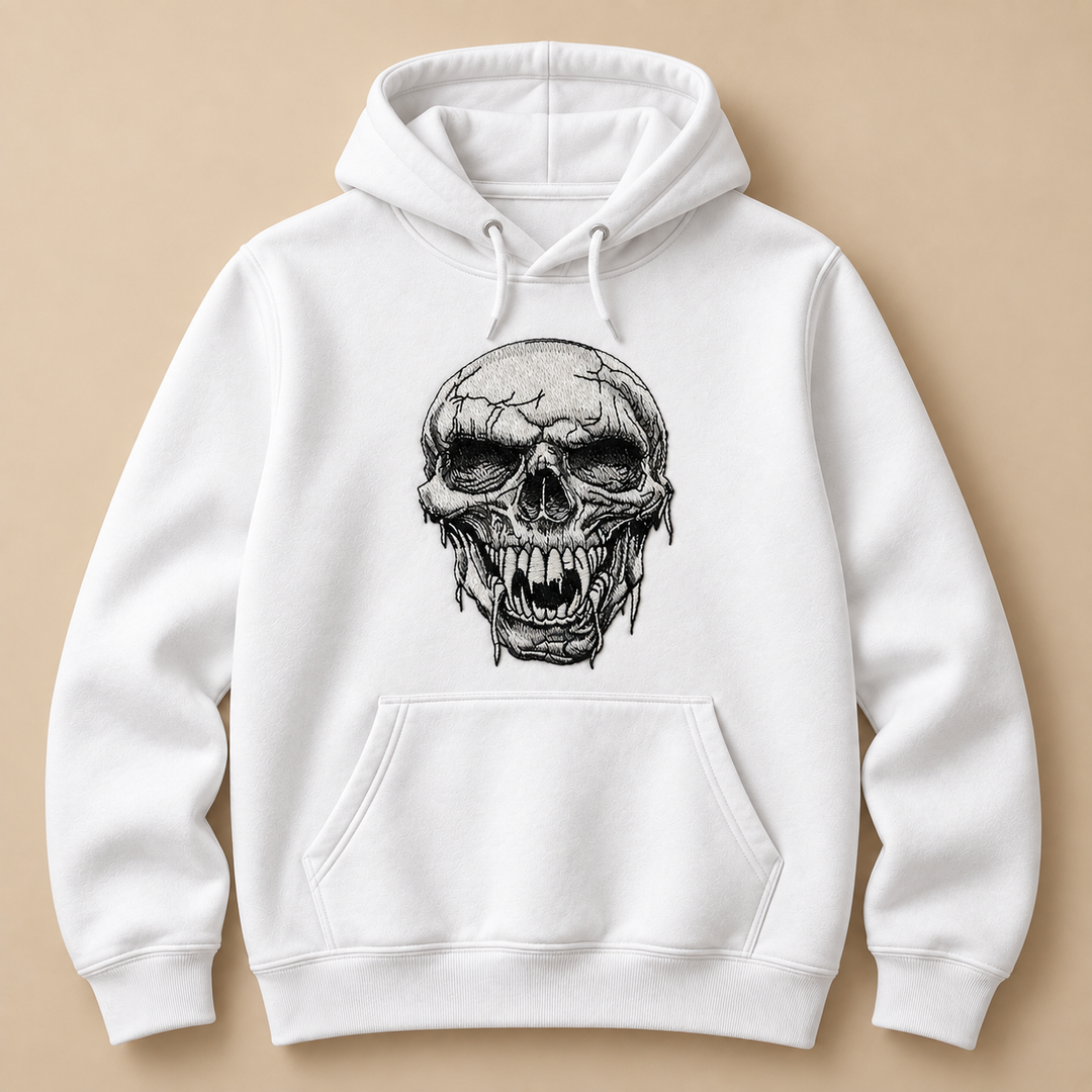 Hollow Fang Skull Machine Embroidered Hoodie in Small Black – Monochrome fanged skull design embroidered on black 320gsm premium fleece | Hand Finished in Dubai