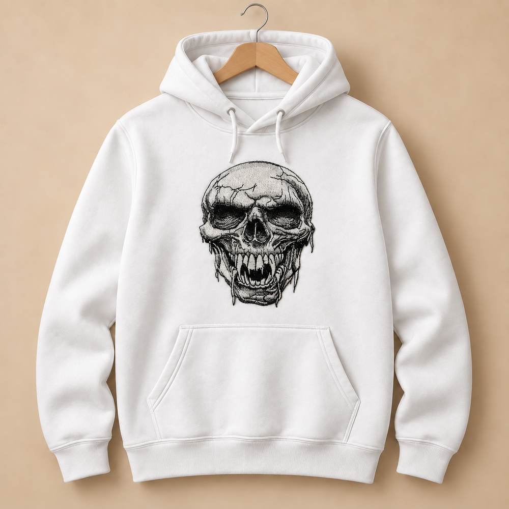 Hollow Fang Skull Machine Embroidered Hoodie in Small Burgundy – Monochrome fanged skull design embroidered on burgundy 320gsm premium fleece | Hand Finished in Dubai