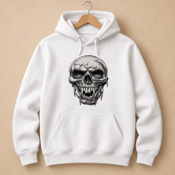 Hollow Fang Skull Machine Embroidered Hoodie in Small Burgundy – Monochrome fanged skull design embroidered on burgundy 320gsm premium fleece | Hand Finished in Dubai