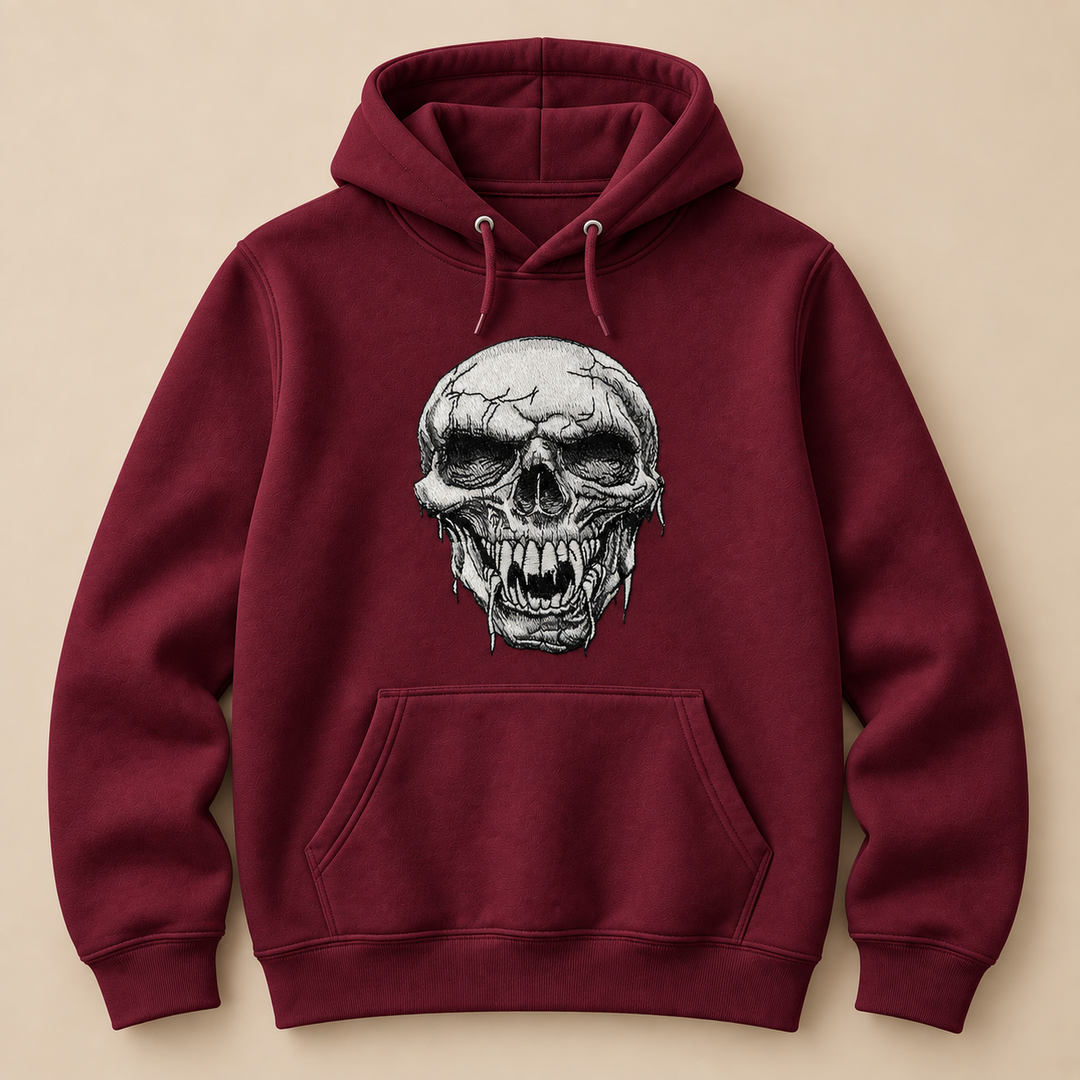 Hollow Fang Skull Machine Embroidered Hoodie in Small White – Monochrome fanged skull design embroidered on white 320gsm premium fleece | Hand Finished in Dubai