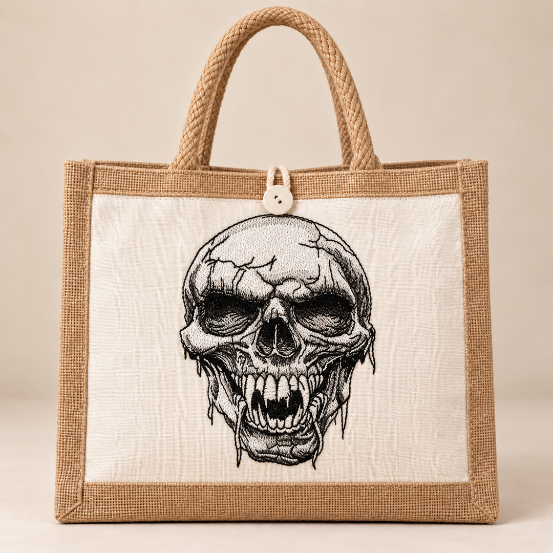 Hollow Fang Skull Machine Embroidered Jute Tote – Monochrome fanged skull design embroidered on premium natural jute | Hand Finished in Dubai