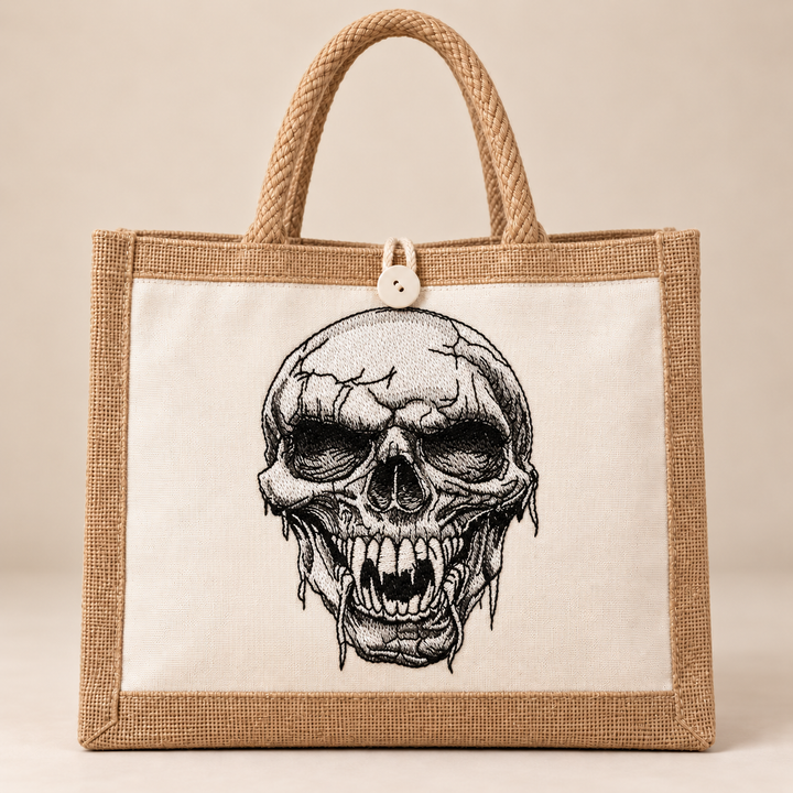 Hollow Fang Skull Machine Embroidered Jute Tote – Monochrome fanged skull design embroidered on premium natural jute | Hand Finished in Dubai