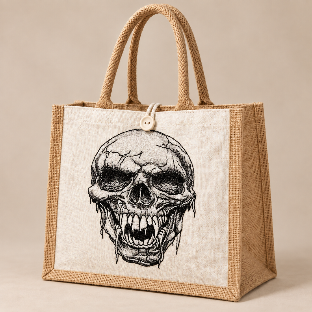 Hollow Fang Skull Machine Embroidered Jute Tote – Monochrome fanged skull design embroidered on premium natural jute | Hand Finished in Dubai