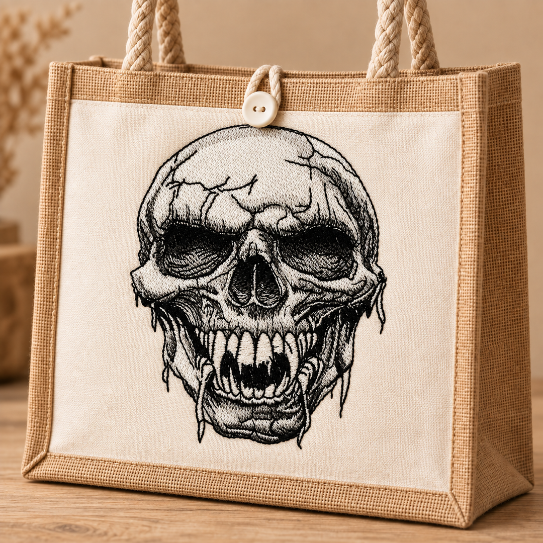 Hollow Fang Skull Machine Embroidered Jute Tote – Close-up detail of monochrome fanged skull embroidery with fine crack and stitch texture | Hand Finished in Dubai