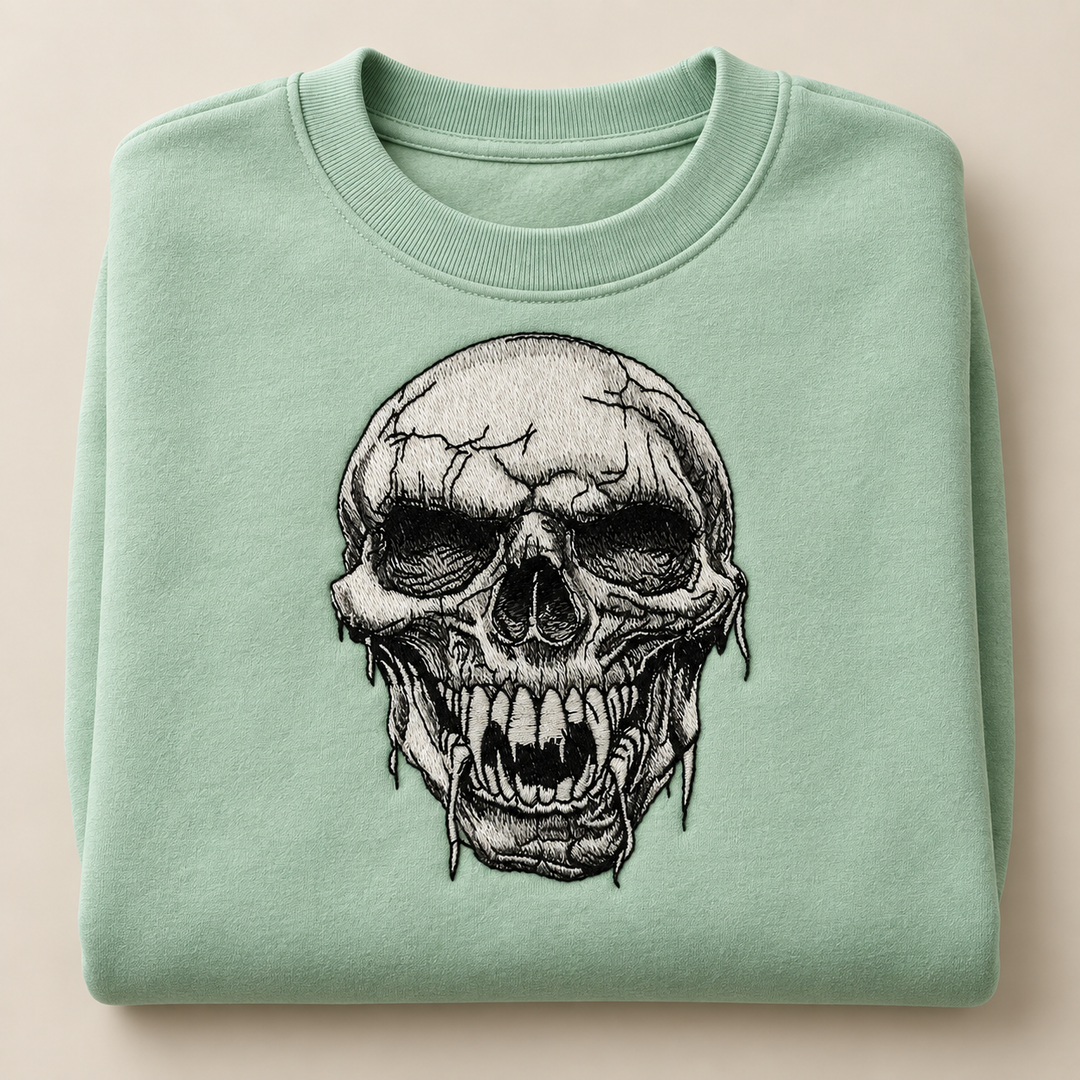 Hollow Fang Skull Machine Embroidered Sweatshirt in Large Khaki – Monochrome fanged skull design embroidered on khaki 320gsm cotton fleece crewneck | Hand Finished in Dubai