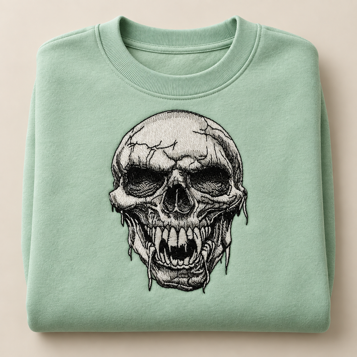 Hollow Fang Skull Machine Embroidered Sweatshirt in Large Khaki – Monochrome fanged skull design embroidered on khaki 320gsm cotton fleece crewneck | Hand Finished in Dubai
