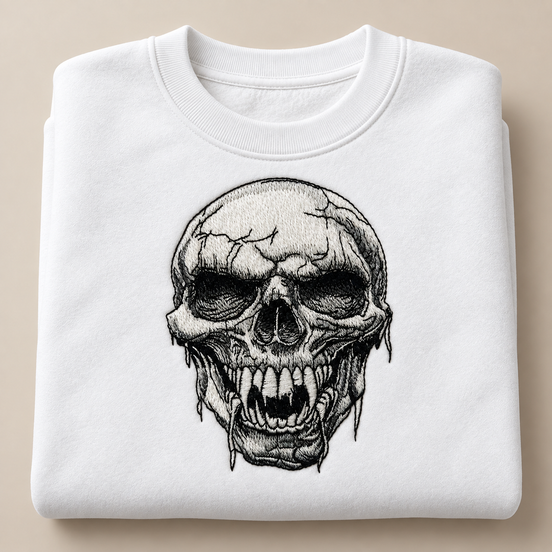 Hollow Fang Skull Machine Embroidered Sweatshirt in Large Mint Green – Monochrome fanged skull design embroidered on mint green 320gsm cotton fleece crewneck | Hand Finished in Dubai