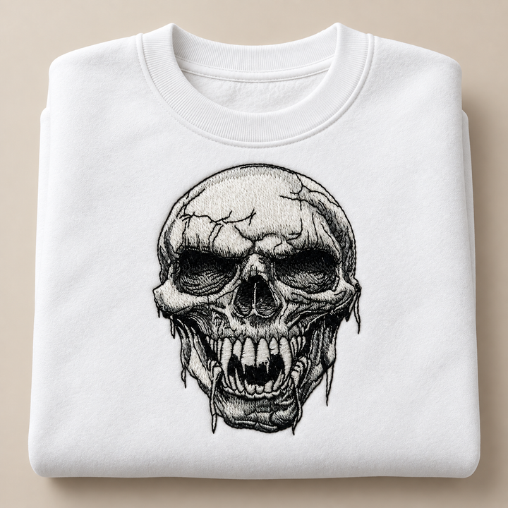 Hollow Fang Skull Machine Embroidered Sweatshirt in Large Mint Green – Monochrome fanged skull design embroidered on mint green 320gsm cotton fleece crewneck | Hand Finished in Dubai