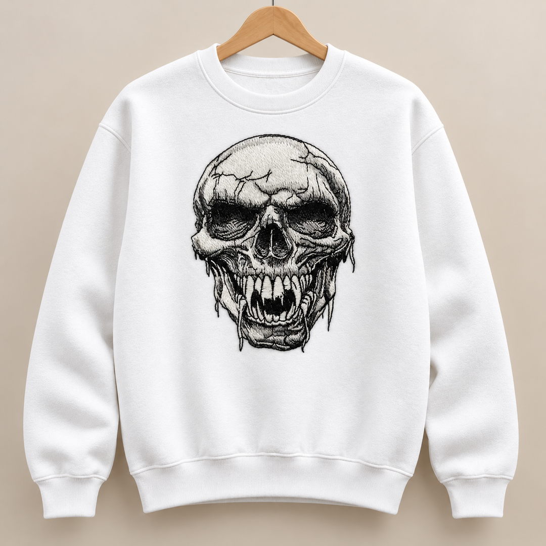 Hollow Fang Skull Machine Embroidered Sweatshirt in Medium Mint Green – Monochrome fanged skull design embroidered on mint green 320gsm cotton fleece crewneck | Hand Finished in Dubai
