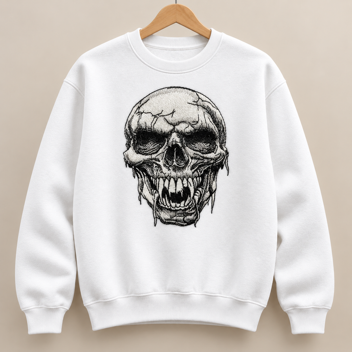Hollow Fang Skull Machine Embroidered Sweatshirt in Medium Mint Green – Monochrome fanged skull design embroidered on mint green 320gsm cotton fleece crewneck | Hand Finished in Dubai