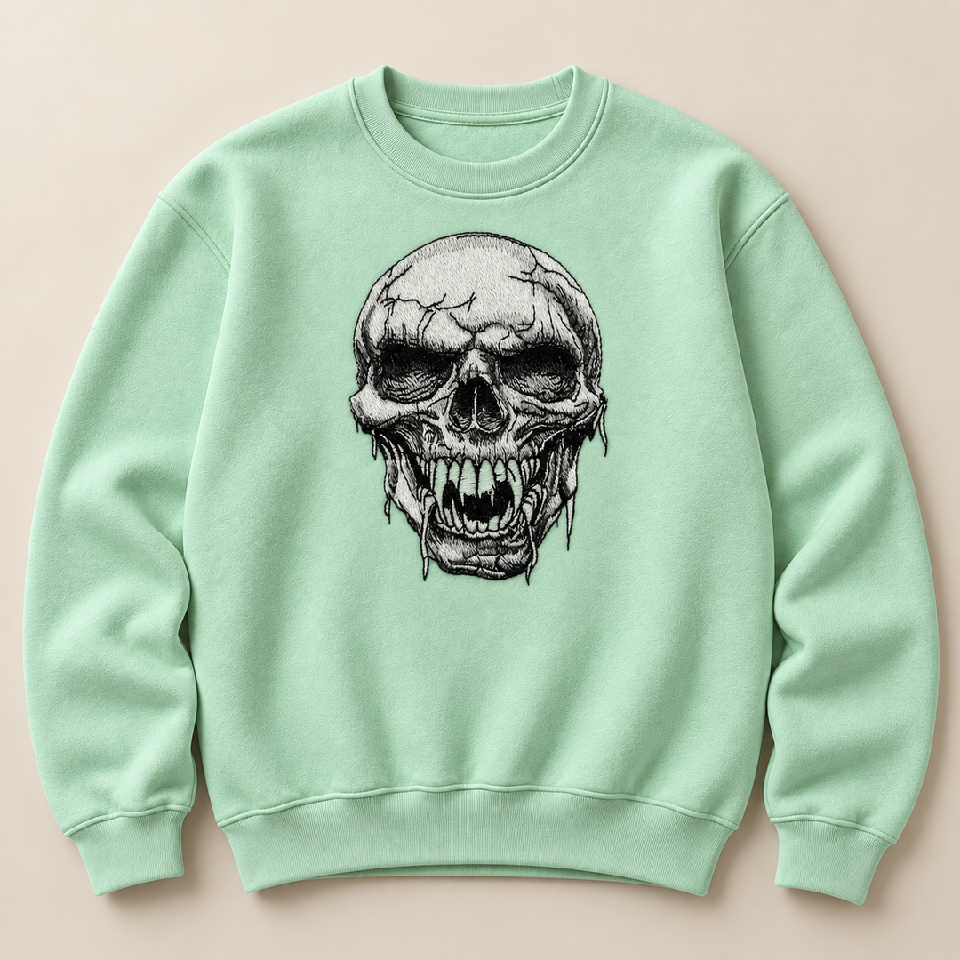 Hollow Fang Skull Machine Embroidered Sweatshirt in Small Khaki – Monochrome fanged skull design embroidered on khaki 320gsm cotton fleece crewneck | Hand Finished in Dubai