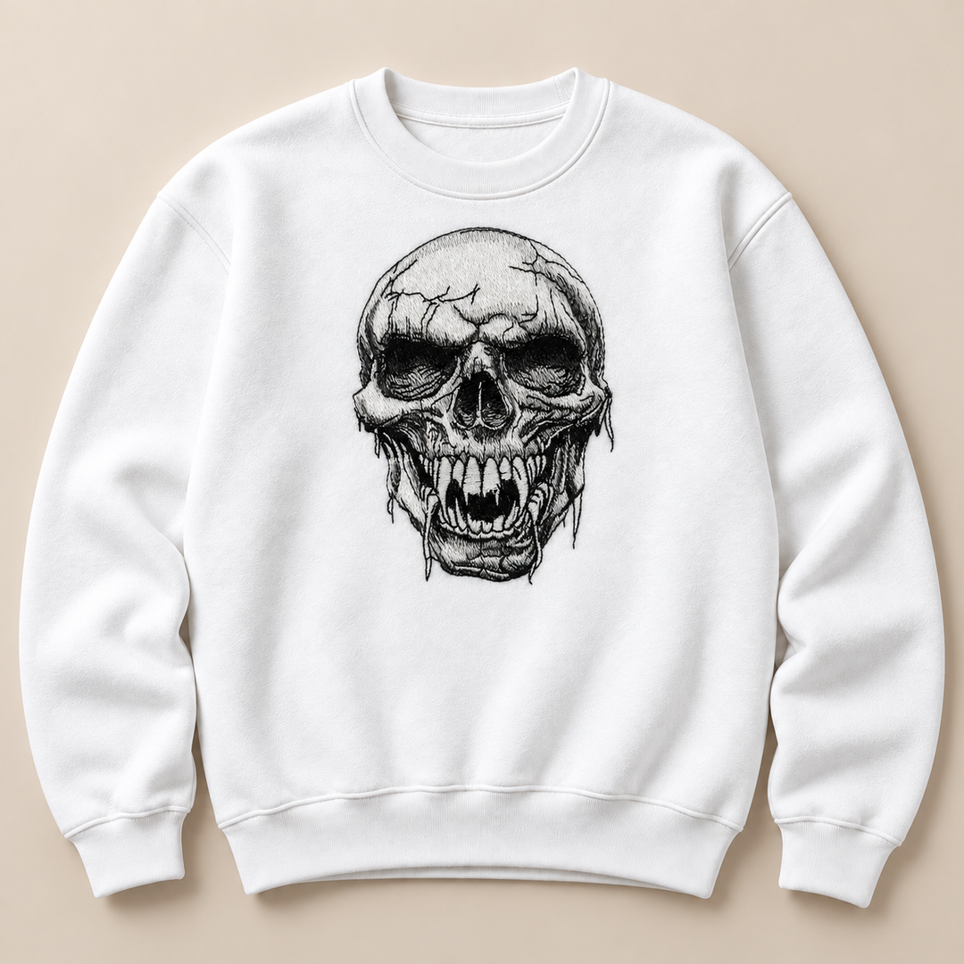 Hollow Fang Skull Machine Embroidered Sweatshirt in Small Mint Green – Monochrome fanged skull design embroidered on mint green 320gsm cotton fleece crewneck | Hand Finished in Dubai