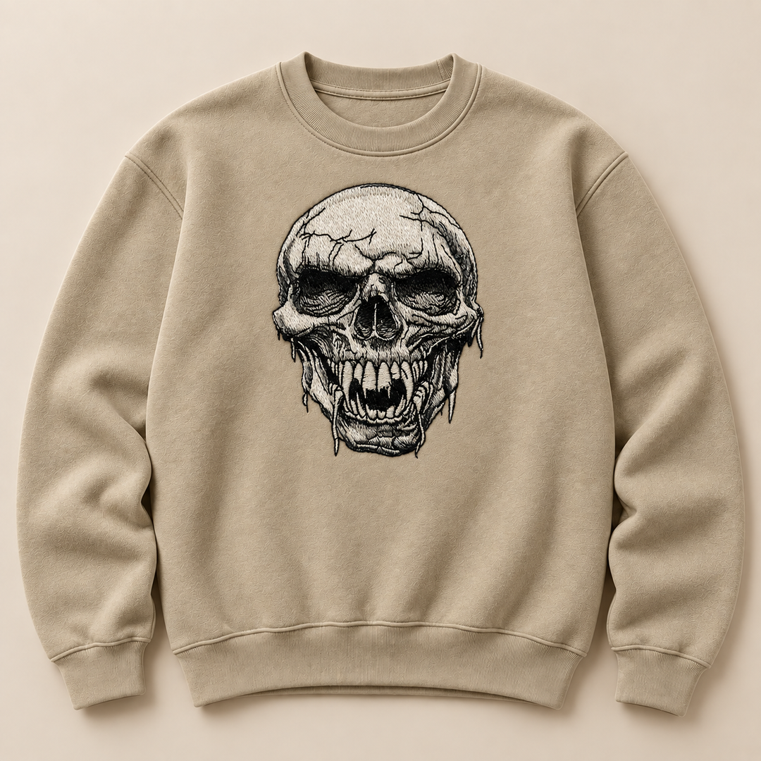 Hollow Fang Skull Machine Embroidered Sweatshirt in Small White – Monochrome fanged skull design embroidered on white 320gsm cotton fleece crewneck | Hand Finished in Dubai
