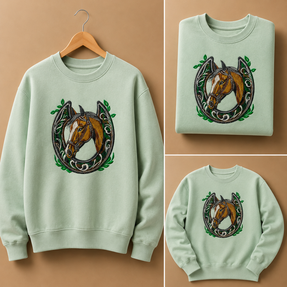 Horse Head & Horseshoe Machine Embroidered Sweatshirt – Hand Finished in Dubai | EmbroMania