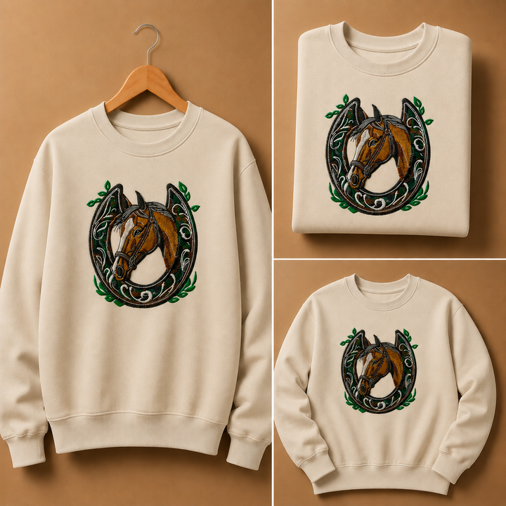 Horse Head &amp; Horseshoe Machine Embroidered Sweatshirt – Hand Finished in Dubai | EmbroMania
