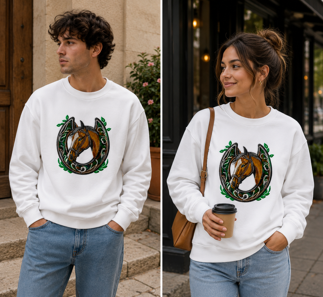 Horse Head & Horseshoe Machine Embroidered Sweatshirt – Hand Finished in Dubai | EmbroMania