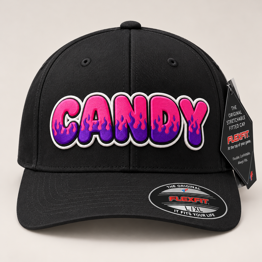 🔥🩷 Candy Fire – Inferno Pop Custom Cap Font · Hot pink fill · Violet flame · White outline · Black Solid Flexfit | Hand Finished in Dubai | EmbroMania