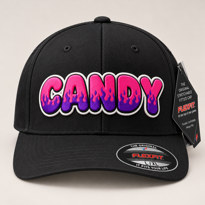 🔥🩷 Candy Fire – Inferno Pop Custom Cap Font · Hot pink fill · Violet flame · White outline · Black Solid Flexfit | Hand Finished in Dubai | EmbroMania