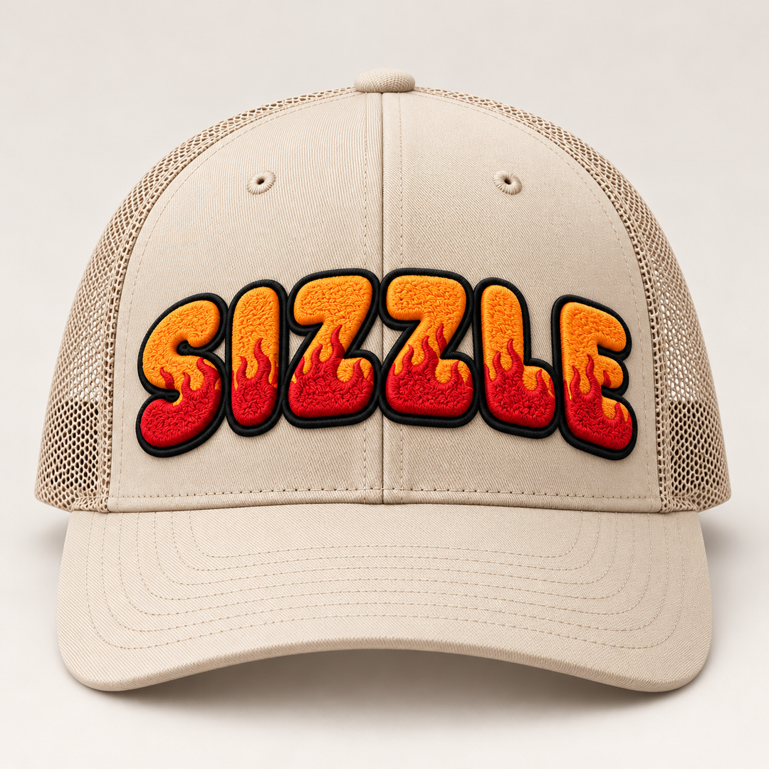 🔥🏜️ Desert Sizzle – Inferno Pop Custom Cap Font · Burnt orange fill · Deep red flame · Black outline · Sand Beige Retro Trucker | Hand Finished in Dubai | EmbroMania