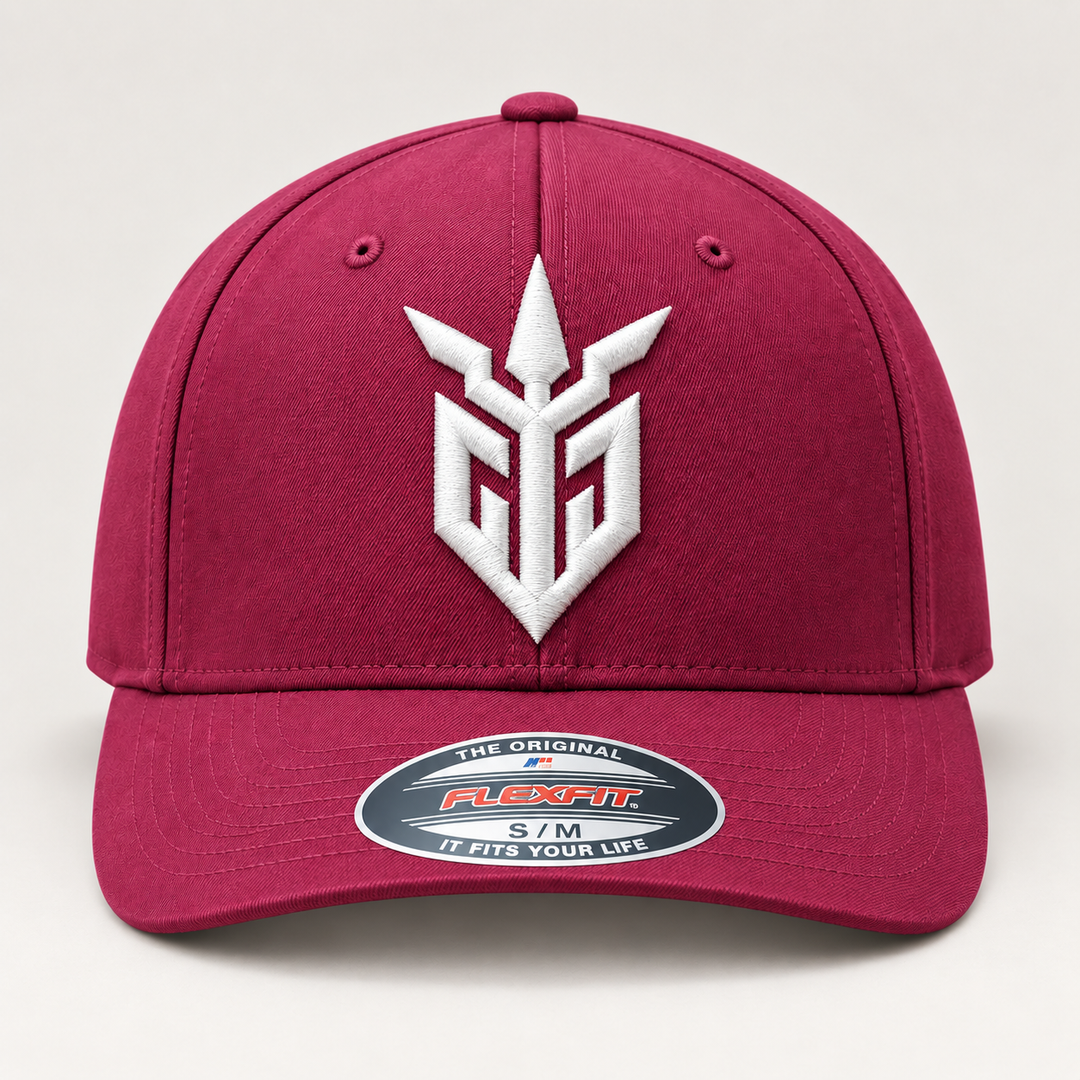 🍷⚡ Crimson Ward – Iron Sentinel · White 3D puff · Burgundy Flexfit Curved | Hand Finished in Dubai | EmbroMania