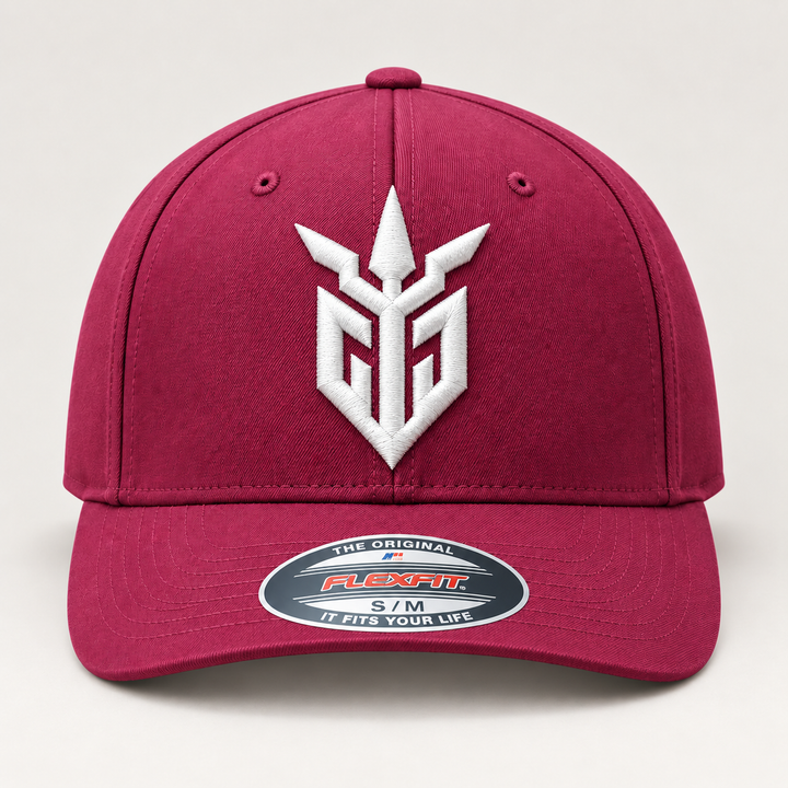 🍷⚡ Crimson Ward – Iron Sentinel · White 3D puff · Burgundy Flexfit Curved | Hand Finished in Dubai | EmbroMania