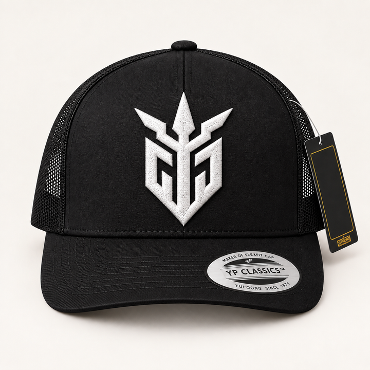 🖤🤍 Dark Warden – Iron Sentinel · White 3D puff · Black Curved Trucker | Hand Finished in Dubai | EmbroMania