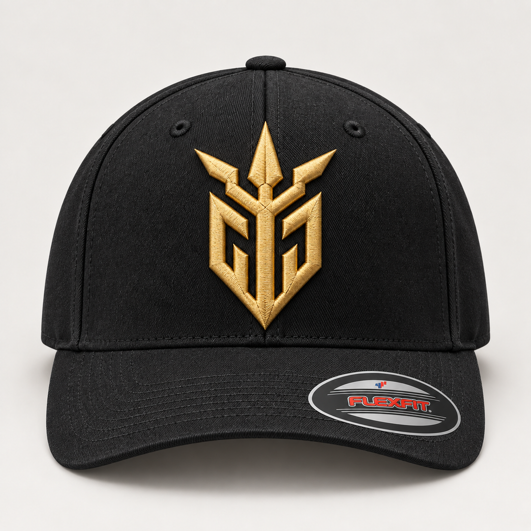 ✨🛡️ Forge Gold – Iron Sentinel · Gold 3D puff · Black Solid Flexfit | Hand Finished in Dubai | EmbroMania