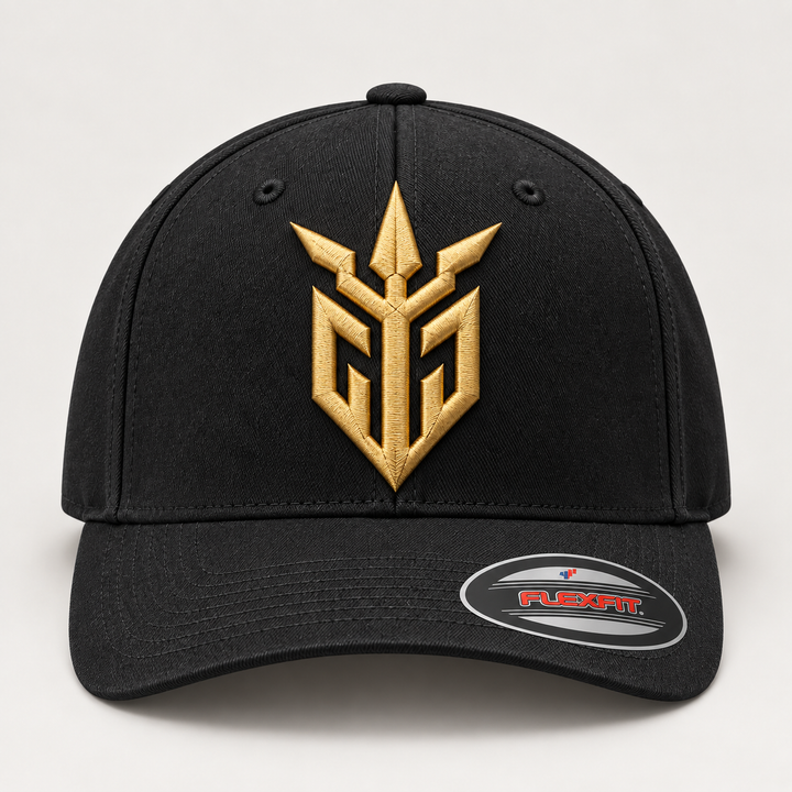 ✨🛡️ Forge Gold – Iron Sentinel · Gold 3D puff · Black Solid Flexfit | Hand Finished in Dubai | EmbroMania
