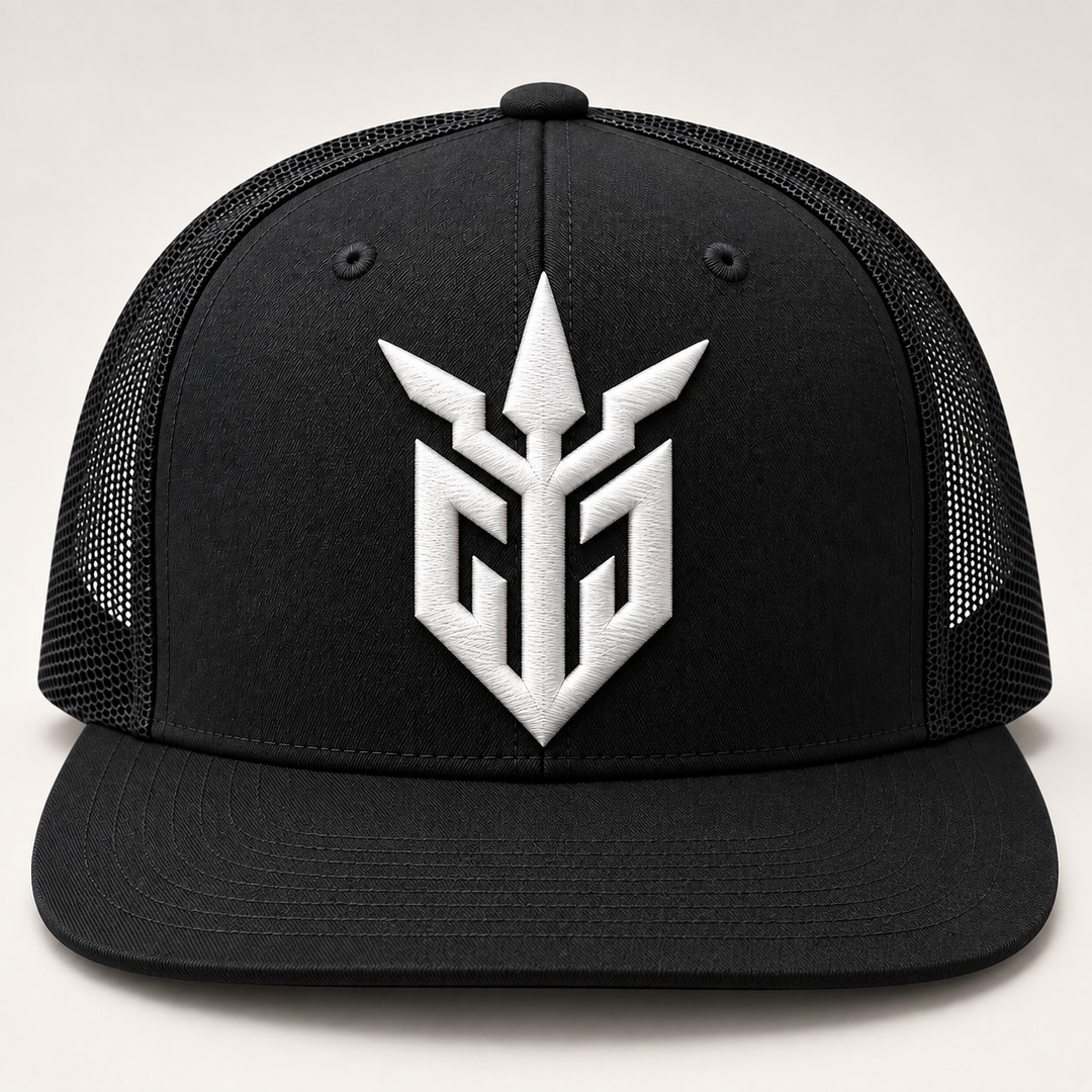 🖤⚡ Iron Ghost – Iron Sentinel · White 3D puff · Black Flat Trucker YP Classics | Hand Finished in Dubai | EmbroMania