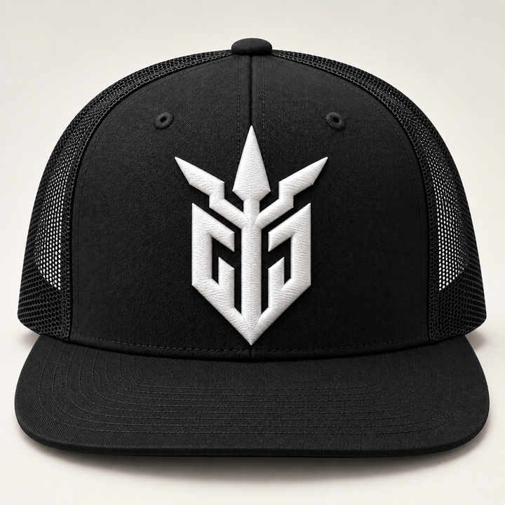 🖤⚡ Iron Ghost – Iron Sentinel · White 3D puff · Black Flat Trucker YP Classics | Hand Finished in Dubai | EmbroMania