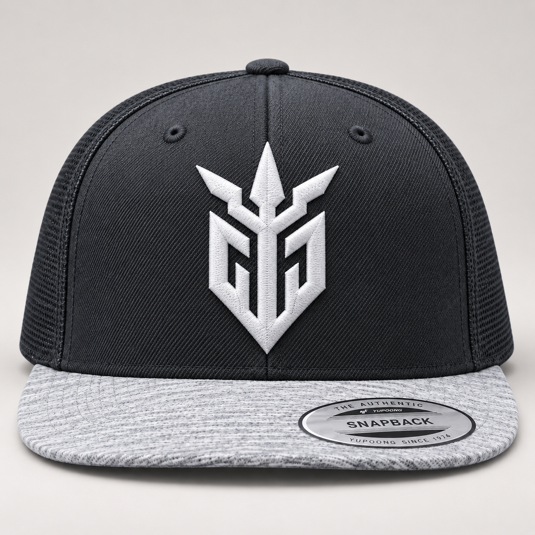 ⚡🌫️ Steel Warden – Iron Sentinel · White 3D puff · Charcoal &amp; Heather Grey Snapback | Hand Finished in Dubai | EmbroMania