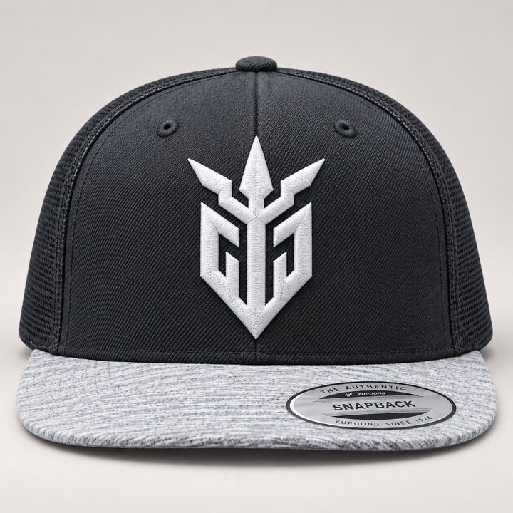 ⚡🌫️ Steel Warden – Iron Sentinel · White 3D puff · Charcoal &amp; Heather Grey Snapback | Hand Finished in Dubai | EmbroMania